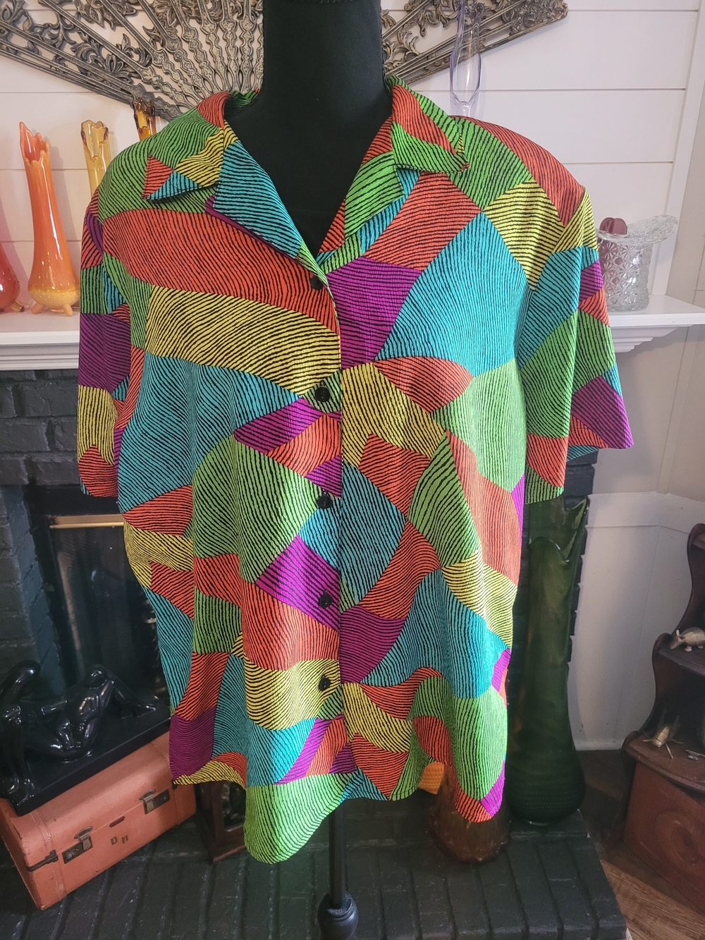 Essentials Multicolor Abstract Print Short Sleeve Blouse
